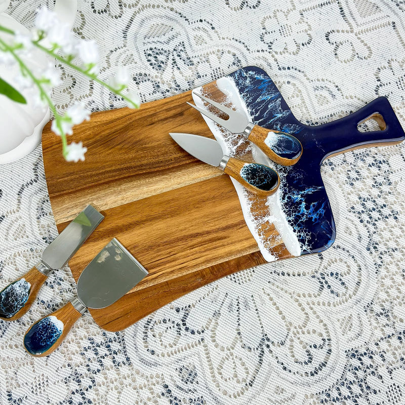 Charcuterie Boards with Resin Cheese Knives, Blue Wood Resin Cheese Platter - Cheese Tray with Cheese Utensils, Fruit Tray, and 4 Cheese Knives House Warming Gifts New Home, Wedding Gift for Couple