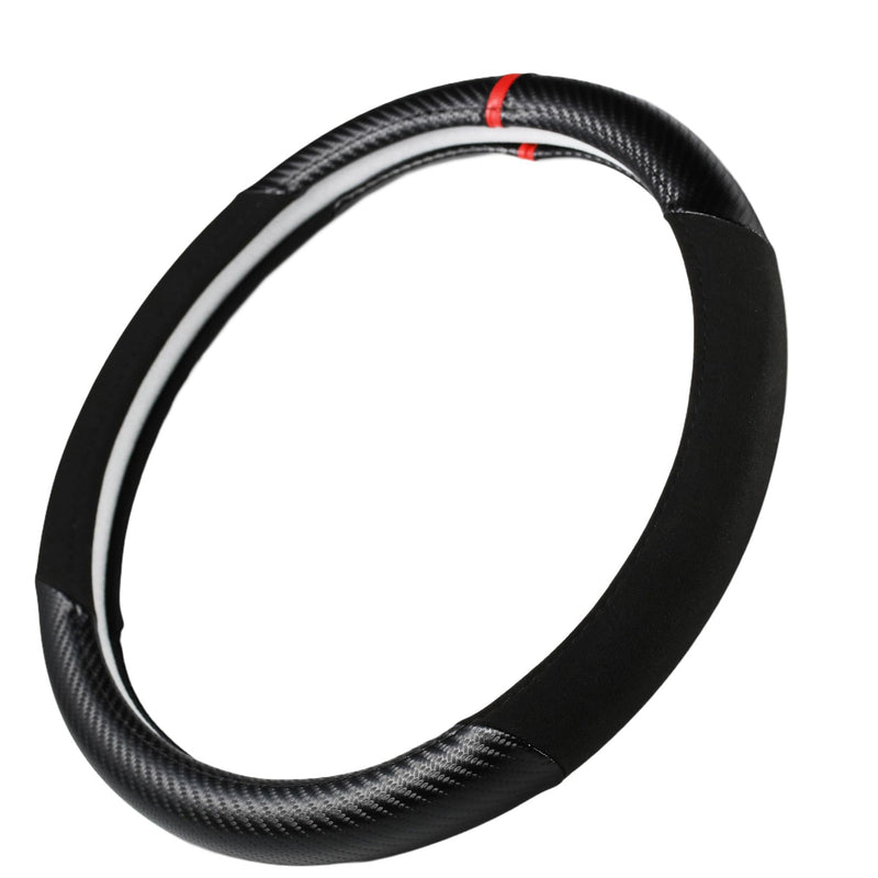 Carbon Fiber + Leather Steering Wheel Cover with Sporty Red Top Stripe, Non-Slip and Sweat Absorbent Universal fit All 14 ½ to 15 inches SW for Most Car SUV Pickup carbon pattern+black leather+ red circle