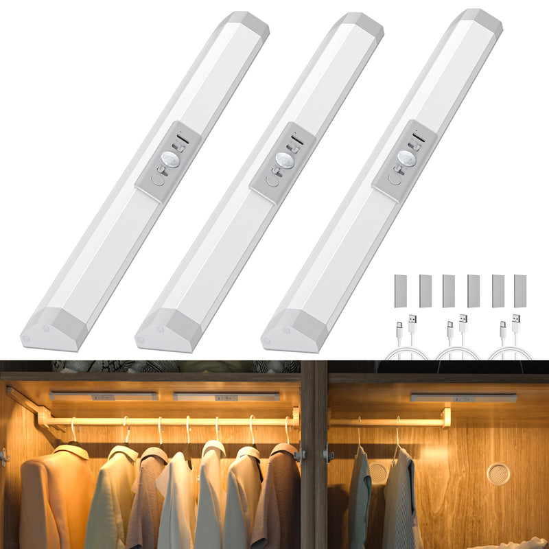 WOBANE Closet Lights Motion Sensored with Eye-Protection,Rechargeable LED Wardrobe Lighting with 3 Color,12 inch Dimmable Wireless Battery Operated Light Indoor for Stair,Pantry,Hallway,900mAh,3PCS 3 Pack