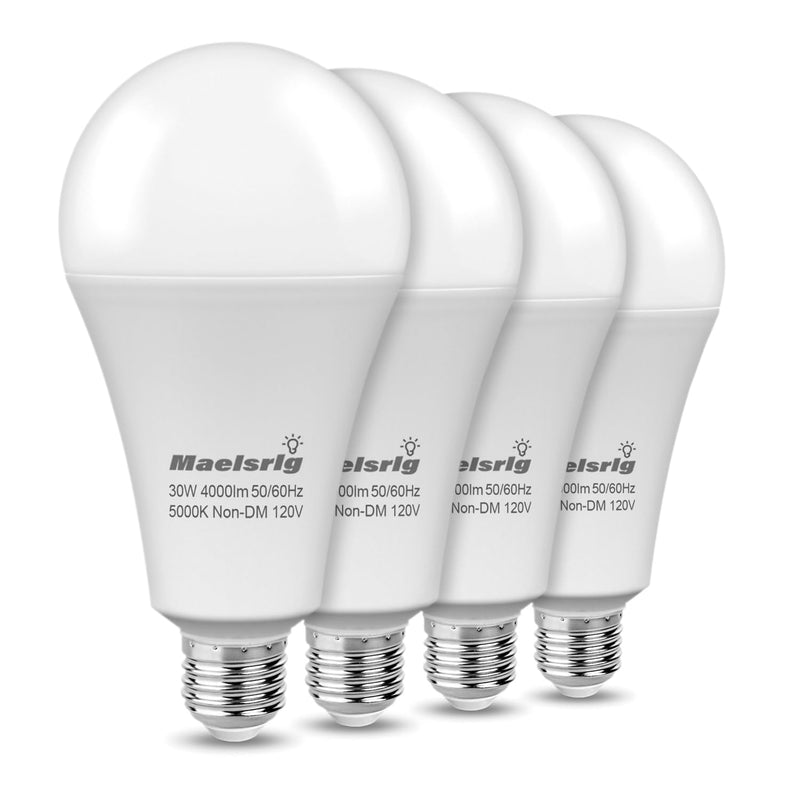 Maelsrlg 300W Equivalent LED Bulb, 30W 4000 Lumens Daylight 5000K, E26 Base, 120V, Non-Dimmable, 4-Pack – Replaces 300 Watt Light Bulb for Garage, Shop & Warehouse