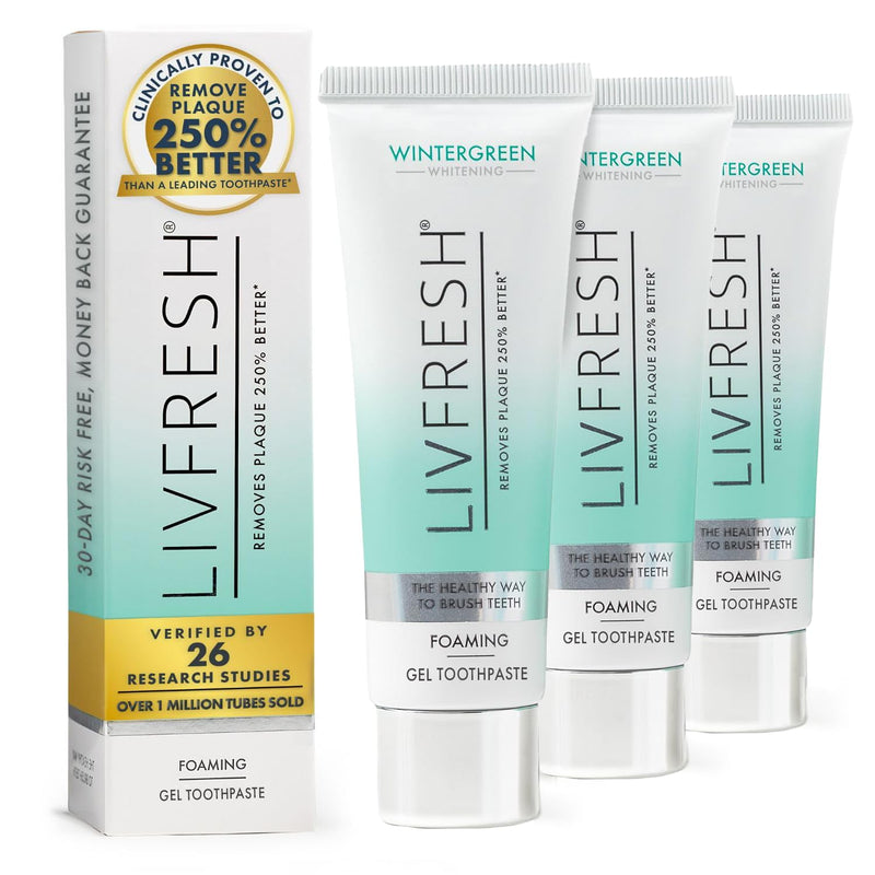 LIVFRESH Toothpaste Gel, Clinically Proven to Remove Plaque 250% Better, Improves Gum Health 190% Better, Prevents & Reduces Tartar, Freshens Breath, SLS Free Dental Gel, Wintergreen, 3 Pack Wintergreen, Foaming, Whitening 1.75 Ounce (Pack of 3)