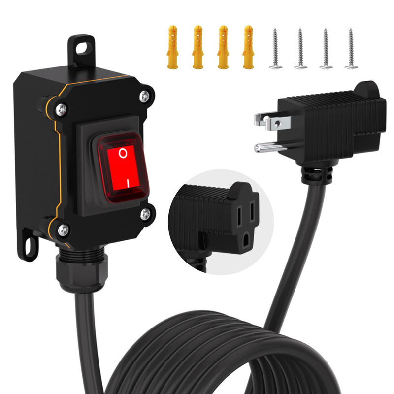 STARELO Extension Cord with on/Off Switch, IP66 Waterproof,Inline Power Switch with 15FT 16AWG Cable Piggyback Plug(3-Pronged), Outdoor Power Switch AC/DC 20A-125V, 16A-250V, Red Light Rocker Button