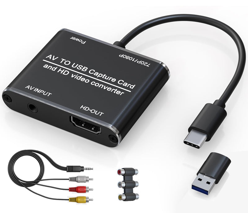 AV to HDMI Converter with USB Video Capture Function - RCA to HDMI Adapter VHS to Digital Converter for VCR, VHS, DVD, Camcorder, Hi8, Supports Recording Videos to Your PC or Mac via USB/USBC RCA to HDMI with USB Capture