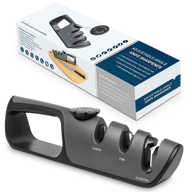 Adjustable Knife Sharpener Kit – Angle Control, Non-Slip Base & Ergonomic Handle – Safe Kitchen Knife Sharpener for Steel & Pocket Knives – Sharpening Tool with Scissors Slot
