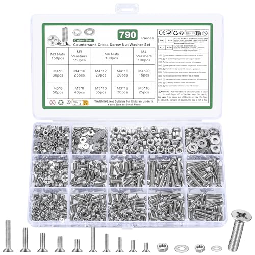 790 Pcs M3 M4 Machine Screws Assortment Kit,Metric Flat Head Screws
