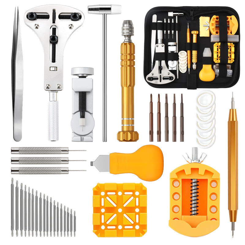 Watch Repair Tool Kit, Suitable for Battery Replacement & Watch Link Removal and Adjustment, Including Multi-Size Screwdriver Set, Tool Hammer, Watch Back Cover Disassembly Tool, and Portable Carrying Case, with User Manual.