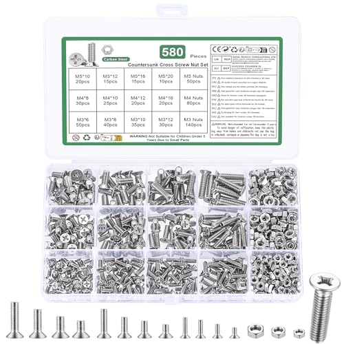 580 Pcs M3 M4 M5 Machine Screws Assortment Kit,Metric Flat Head Screws M3M4M5-580