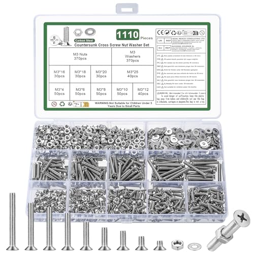 1110 Pcs M3 Screws and Nuts Set, Countersunk Bolts and Nuts Assortment, Phillips Flat Head Machine Screws with Washers Set(M3 Screw Kit, Silver)
