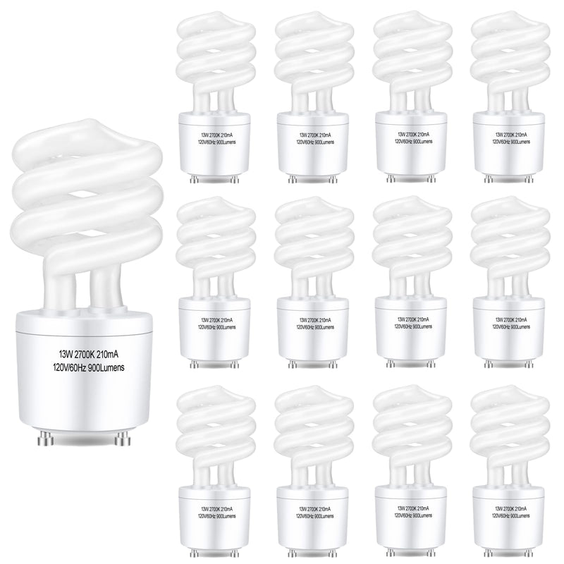 Winkcao CFL Light Bulbs GU24 Base, T3 Spiral 13Watt (60Watt Equ) Soft White 2700K 900lm Compact Fluorescent Light Bulbs, UL Approved, 120v 60Hz, Self Ballasted CFL Bulbs, Pack of 12