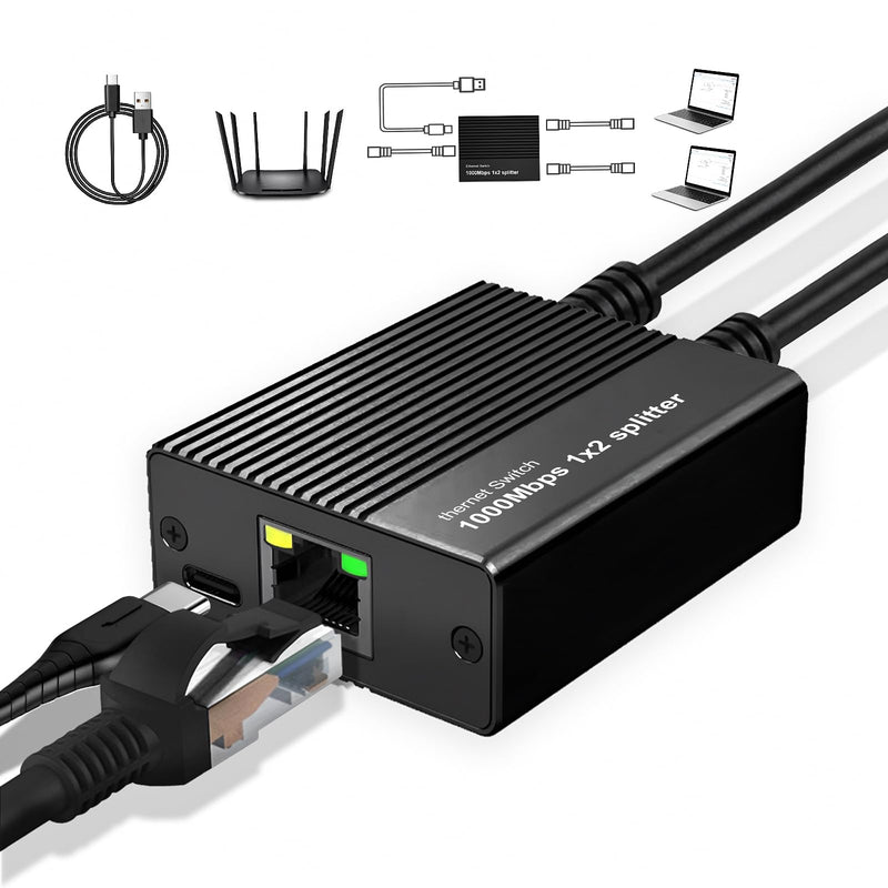 Ethernet Splitter 1 to 2 1000Mbps, Either Network Splitter with USB Power 1 in 2 Out Gigabit Dual LAN RJ45 Port Router Switch Work with Cat6/7/8 Cable [2 Devices Simultaneously Networking]