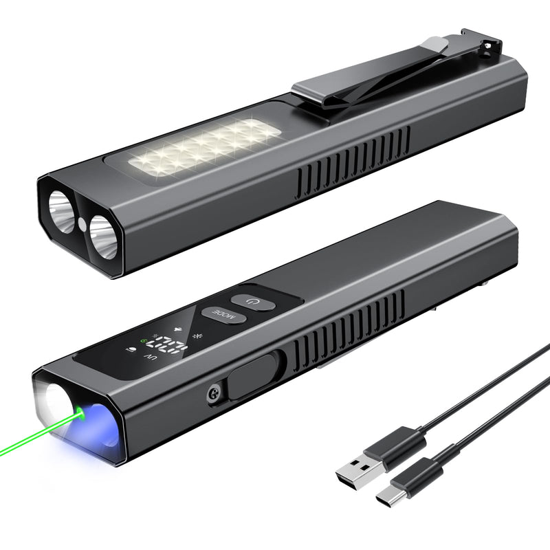 EDC Flashlight 4 in1 Magnetic Flashlight High Lumens Work Light with Green Beam & UV & Warning Light Combo EDC Flashlight Rechargeable LT-010 (Black) Black