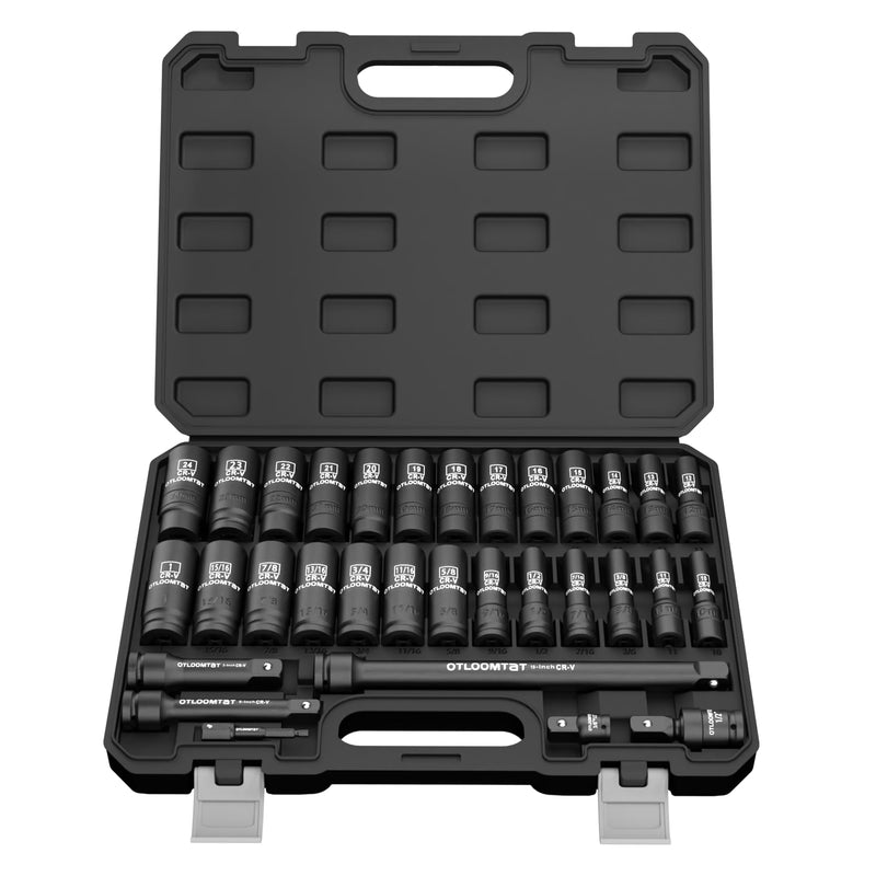 32PCS 1/2" Drive Impact Socket Set - Heavy Duty Industrial-Grade Deep Sockets, Metric/SAE Full Set with Extension Bar, Cr-V Steel Corrosion-Resistant Coating & Premium Storage Case