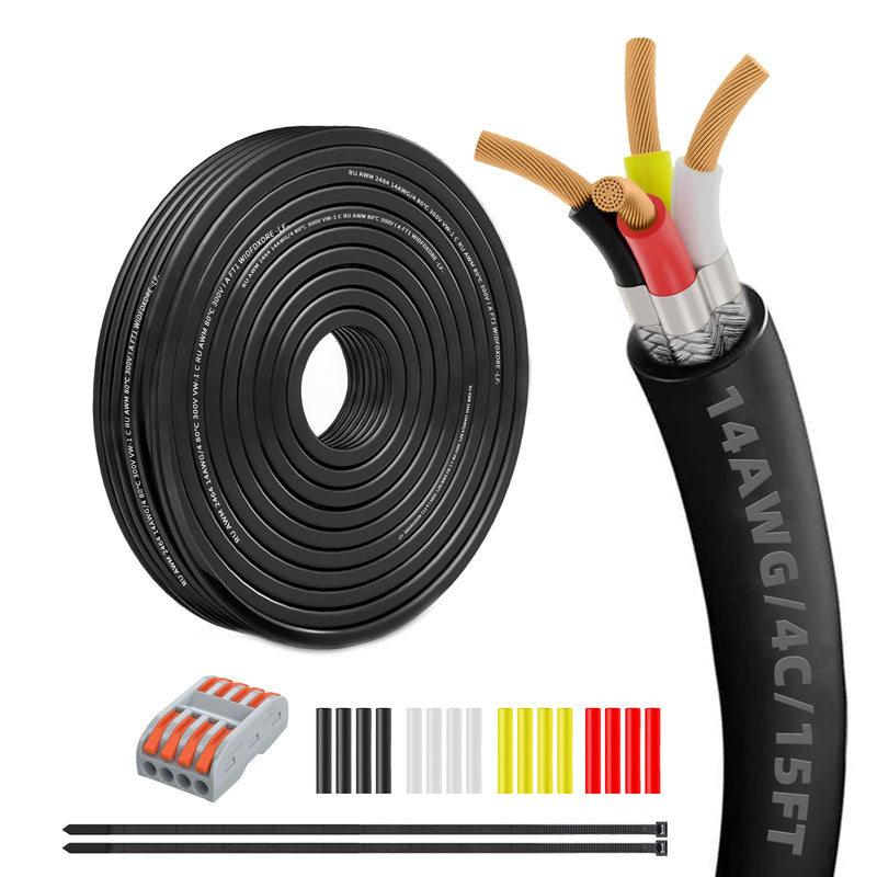 14 Gauge 100% Pure Copper 4 Conductor 14/4 Flexible Shielded Wire 15FT, UL2464 14AWG 4 Core EMI/RFI Shielding Shielded Cable for Automotive, 3D Printer,CNC VFD Spindle, Stepper Motor, Sound, Speaker