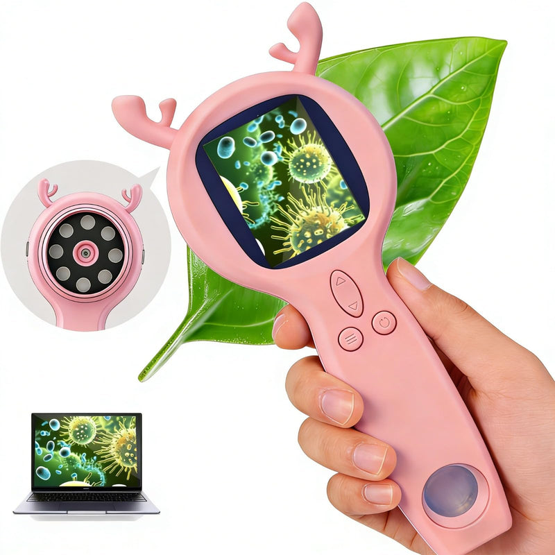 Handheld Digital Microscope, STEM Educational Science Learning Activity Kit, 500X Magnification Digital Deer Microscope, Christmas, Festival and Birthday Gift (Pink) Pink