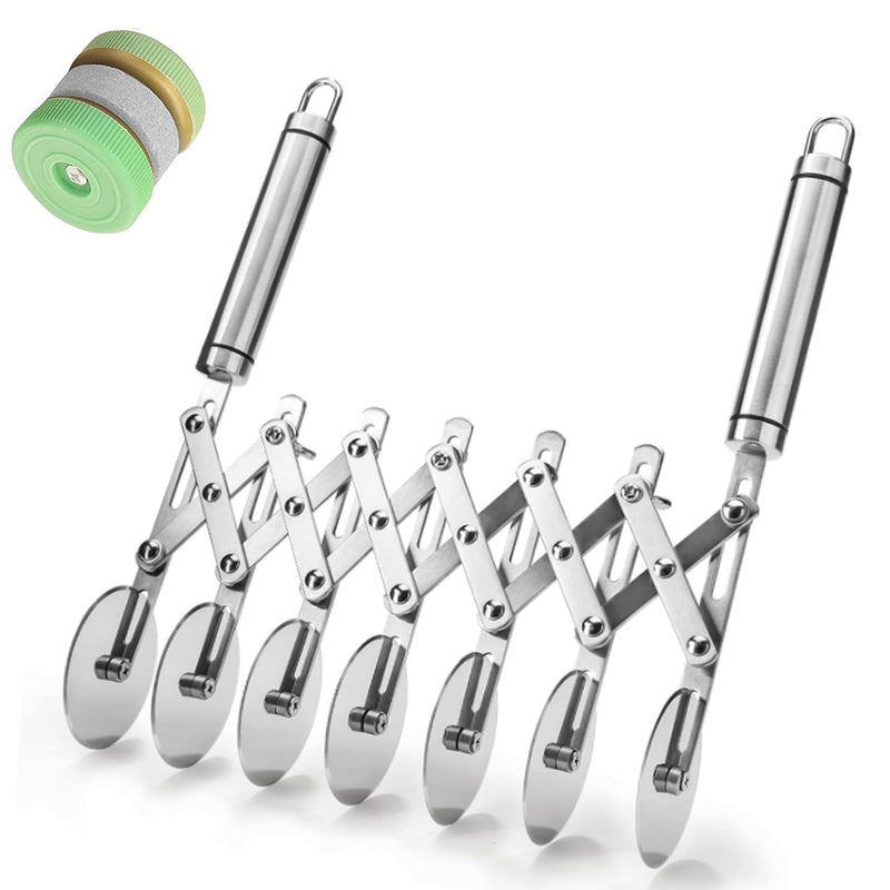 Star Brand Pastry Cutter with Grinder Spaghetti Dough Roller Knife Stainless Steel Pizza Slicer Pasta Wheeling Attice Roller Adjustable Dough Divider with Handle (Stainless Steel, 7 Wheels)