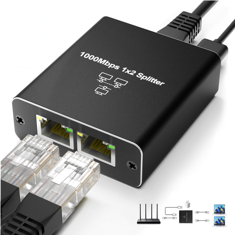 Ethernet Cable Splitter 1 to 2, Gigabit LAN Splitters High Speed 1000Mbps RJ45 Ethernet Switch with USB C Power Cable for Cat5/5e/6/7/8 Cable Ethernet Splitter 1 to 2