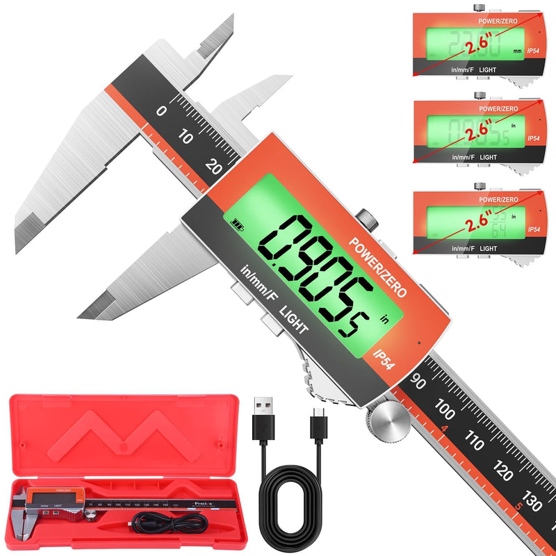 Preciva Digital Caliper, Rechargeable 6 inch Vernier Caliper with Large LCD Screen Stainless Steel Electronic Measuring Tool with Fraction/Inch/Metric Conversions, Auto-Off Feature