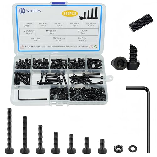 330 Pcs M4 Screws Assortment Kit, M4x6mm/8mm/10mm/12mm/16mm/20mm/25mm/30mm, Metric Hex Socket Head Cap Screws Nuts Washers Kit with Wrench, Black Zinc Plated M4 330Pcs 6mm-30mm