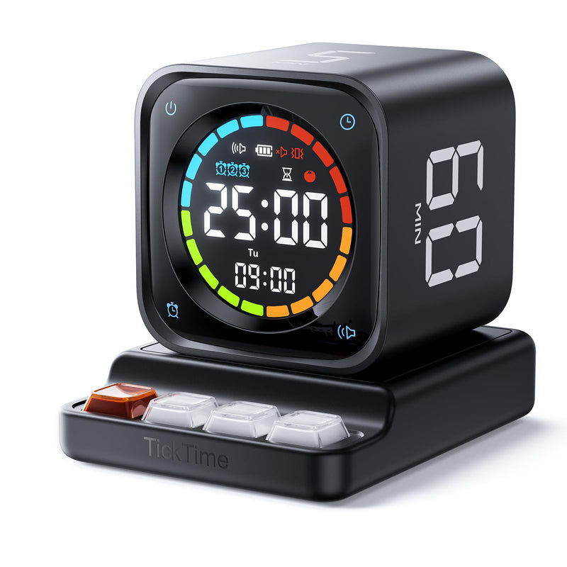 TK3 Pomodoro Timer Cube, Desk Productivity Timer with 5/10/30/60 Min Presets, Custom Countdown, Stopwatch, Clock, 3 Alarm, Silent, Vibrate & Sound Alert, for Task, ADHD, Study, Kitchen, Black