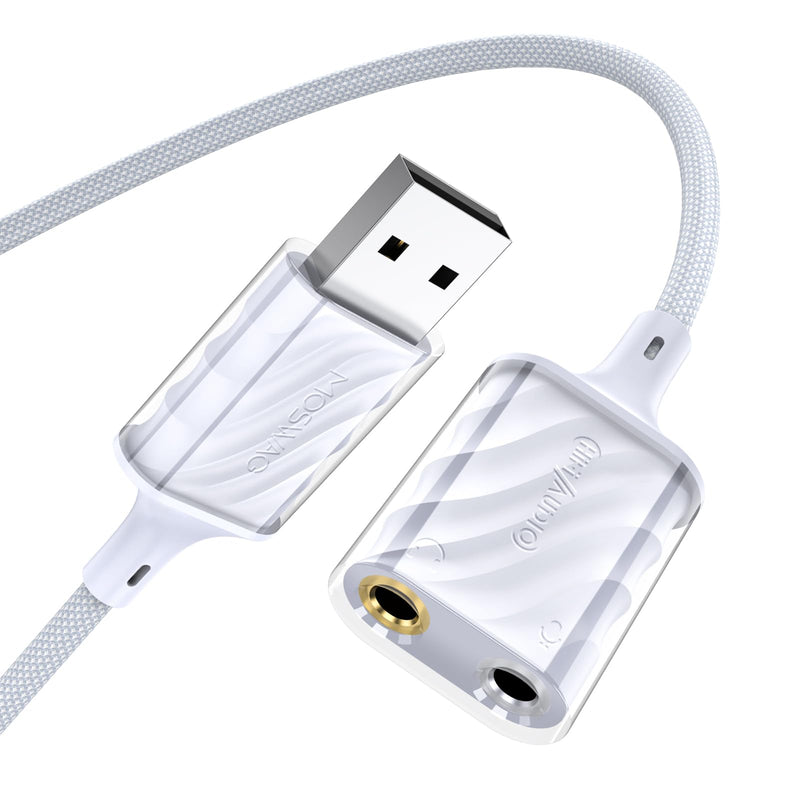 MOSWAG USB to 3.5mm Audio Adapter, External Stereo Sound Card with Dual TRS 3-Pole 3.5mm Headphone and Microphone Jack Adapter for PS4/PS5/PC/Laptop, Built-in Chip Mic-Supported Headphone Adapter 1 Pack white