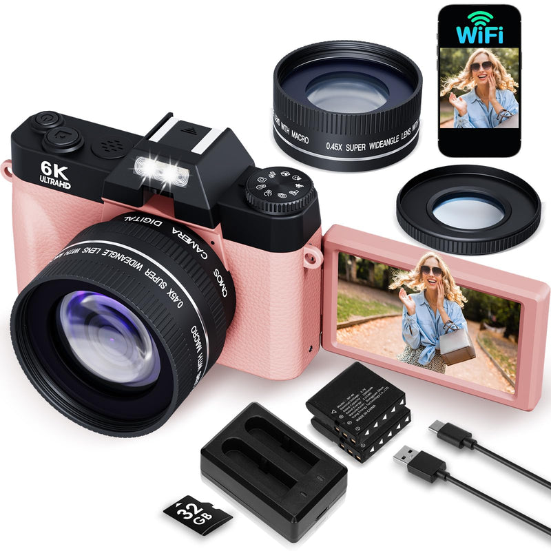 6K 64MP Digital Camera for Photography Vlogging Camera for YouTube, 180° Flip Screen, 16X Zoom Autofocus, Compact Travel Beauty Camera for Teens, with 52mm Lens, 2 Batteries, 32GB SD Card
