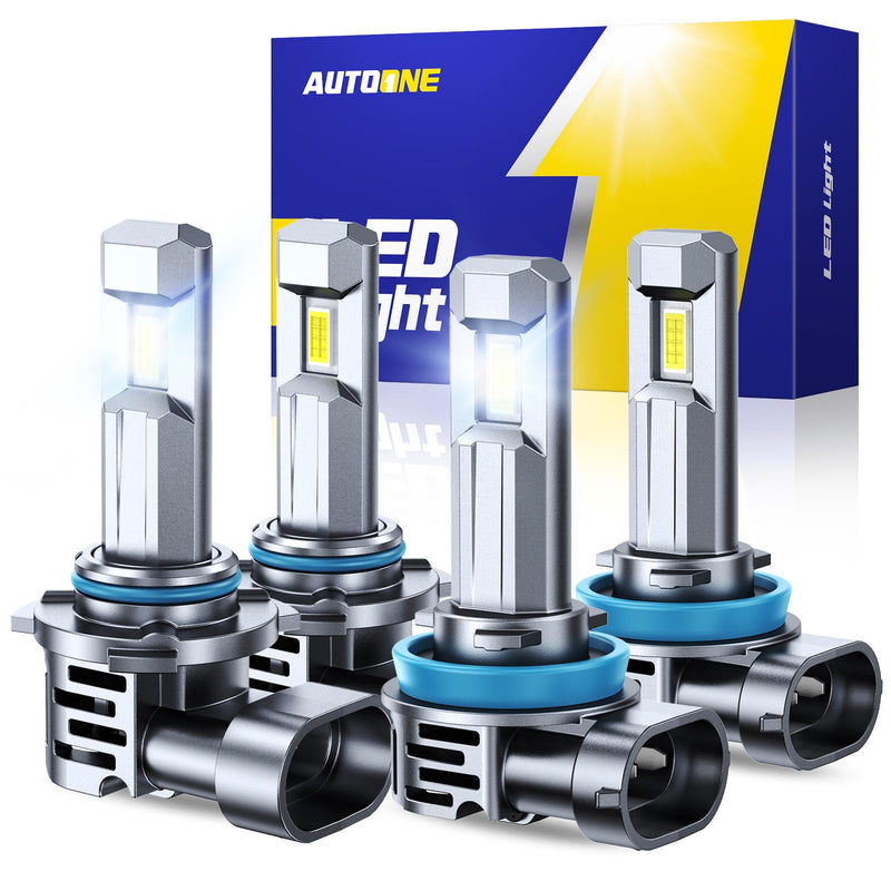 AUTOONE H11 9005 LED Bulb Direct Fit 1:1 Mini Size, 70000LM H8/H9 HB3 Combo Fog Lights with Cooling Fan, IP68, Pack of 4 9005/HB3+H11/H8/H9
