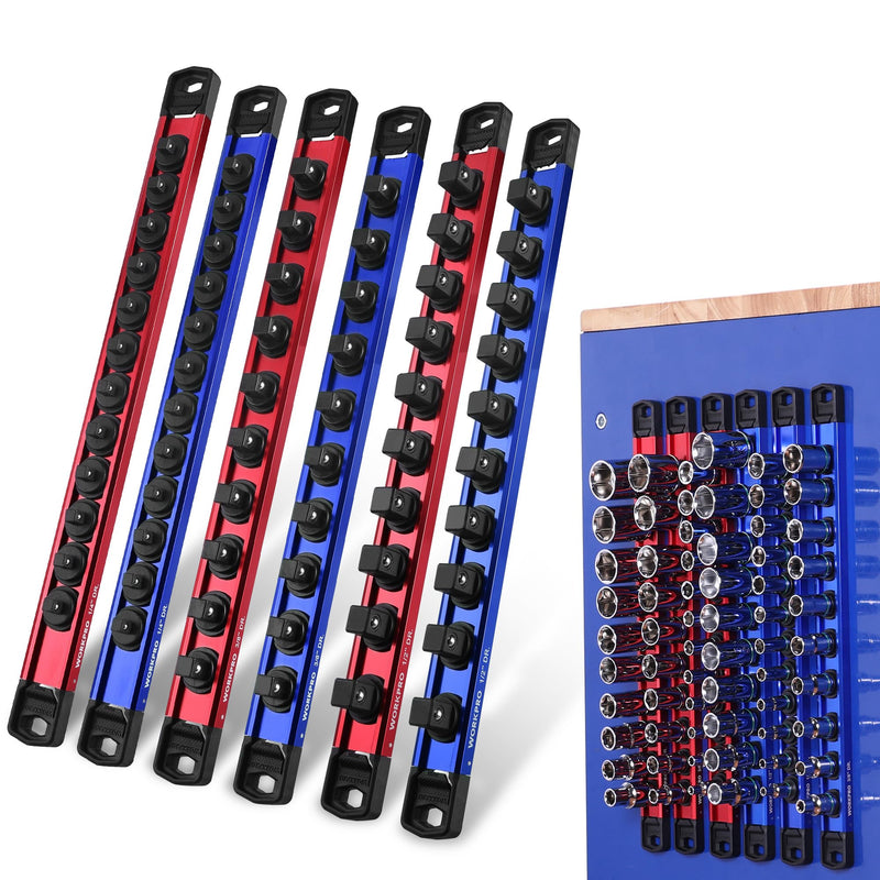 WORKPRO Magnetic Socket Organizer Set, 1/2" 3/8" 1/4" Drive Aluminum Alloy Socket Holder with Removable Socket Clips for Quick Customization, 6PC Socket Rail for Tool Box Drawer (Sockets Excluded) 6 Pieces-1/4", 3/8" & 1/2" DR Red & Blue