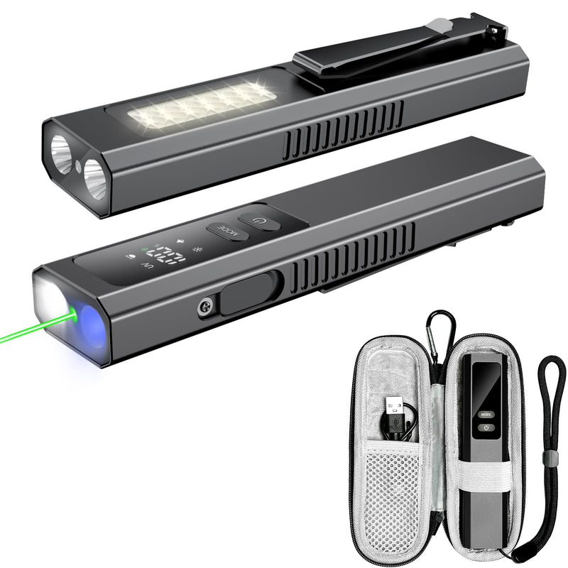 Rechargeable EDC Flat Flashlights, 5 IN1 PRO Flashlight with Green Beam, UV and White LED Combo, 800 Hight Lumens Pocket Lights with Magnet/Bag, Portable Light for Work and Emergency(Black) Black
