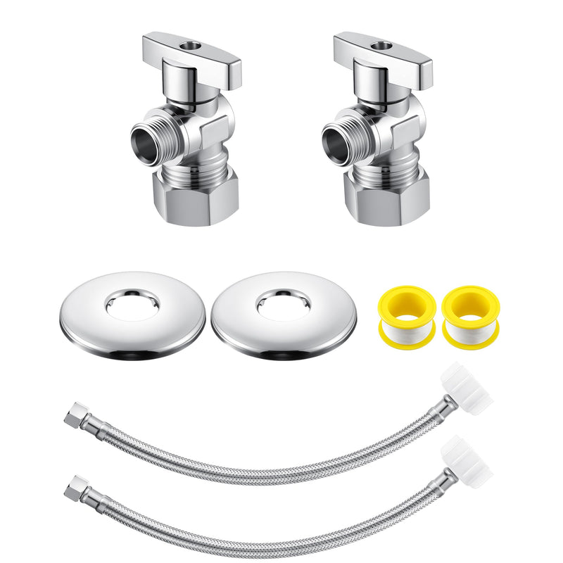2 Pack Complete Toilet Valve Set, Includes 1/2'' Nom Inlet x 3/8'' OD Compression Outlet Angle Shut Off, 7/8" BC x 3/8" COMP Toilet Water Supply Line, Escutcheon Plate, Sealing Tape (12 Inch) 2 12 Inch