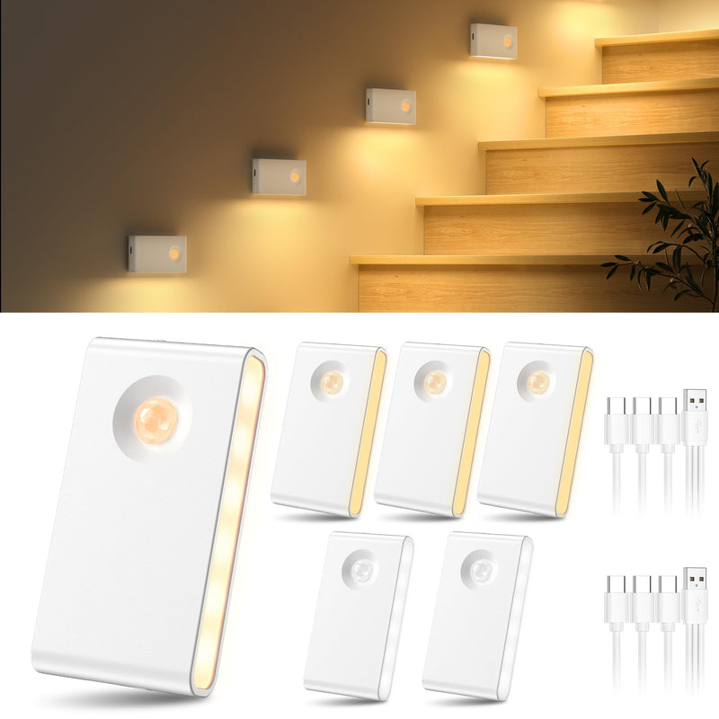 YiaMia Stair Lights Motion Sensor Indoor, 6-Pack Rechargeable Night Lights with 3 Color Modes, Wireless Under Cabinet Lighting for Stairs, Hallway, Kitchen, Bathroom 6 Pack