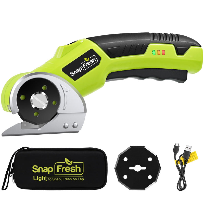 SnapFresh 4V Cordless Electric Scissors, Rechargeable Cardboard Cutter & Box Cutter Rotary Tool, 285 RPM Fabric Carpet Leather Cutter with LED, Extra Blade, 2.0Ah Battery & Storage Bag(SP5091) With Bag