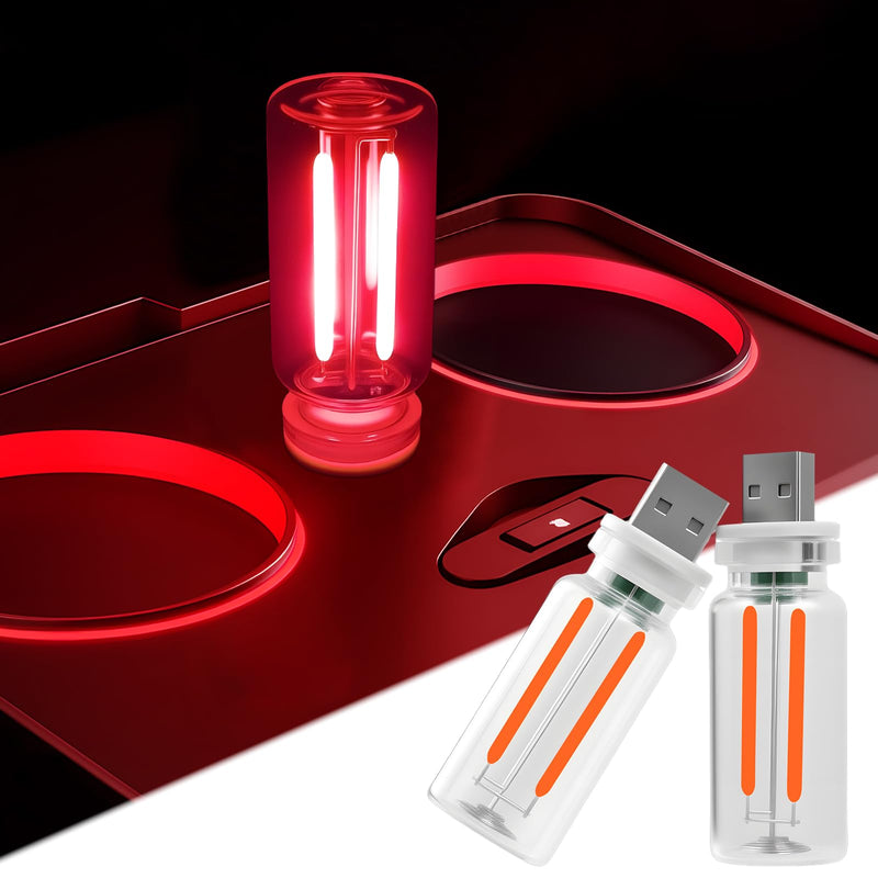 LYCARESUN 2 PCS Car USB Night Light Bulb, Touch Dimmable Car Interior Ambient Lights, Portable Mini USB Retro Glass Bottle Lamp Decorations for Vehicle, Bedroom, Hallway, Camping (Red) red