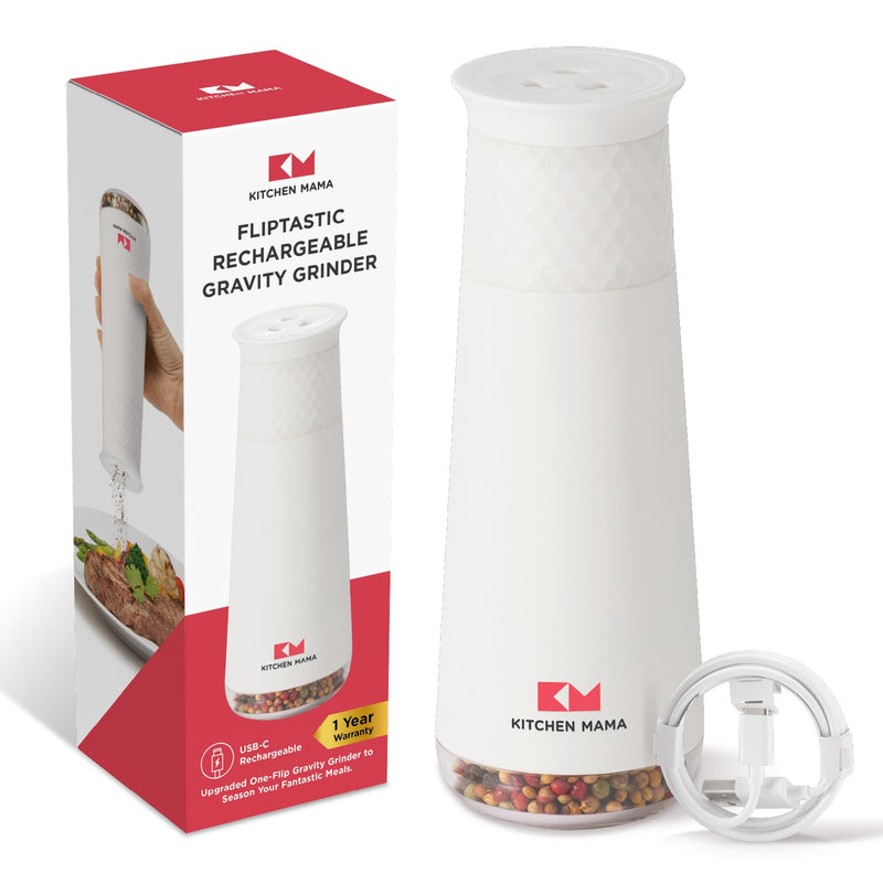 Kitchen Mama FlipTastic Rechargeable Salt and Pepper Grinder – Gravity Electric Grinder, Pepper Mill, Adjustable Coarseness, One-Hand Operation, Large Capacity, Refillable Kitchen Gadgets (White) White Standard