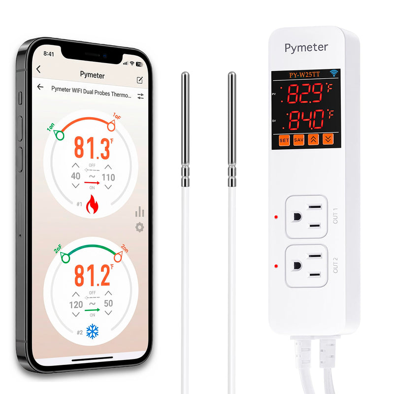 WiFi Temperature Controller with Dual Probes, Smart Digital Thermostat with Two Outlets for Reptile Heat Mat, Greenhouse Seedlings, Homebrew Fermentation, Cooling Fan, Remote App Control