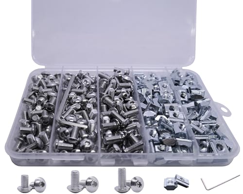 300Pcs M5 T Nut Screw Kit for 2020 Aluminum Extrusion Hardware, 150Pcs M5 Slide in T Nut, 50Pcs M5x8, M5x10, 50Pcs M5x12mm Screws and 1Pcs Wrench,for 2020 V T Slot Extrusion Hardware (Silver Kits) 300pcs 20 Series Silver Screws Kit