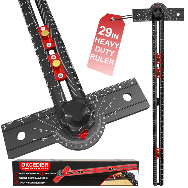 29 Inch Woodworking T Square Ruler, Aluminum Alloy, Adjustable Angle 15-165° Measurement Tool, Precision Drilling Positioning Guide for Carpentry, Drafting, Contractor, Scribe Crafting, Drywall 29.3in black