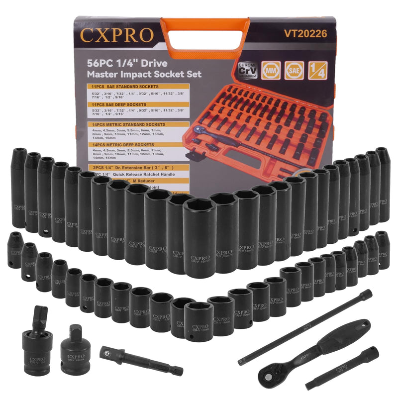 1/4" Cr-V 6 Point Drive Impact Socket Set, 56-Piece Standard SAE (5/32 to 9/16 inch) and Metric (4-15mm) Size, 1/4-Inch Ratchet Handle, Extension Bar, Universal Joint