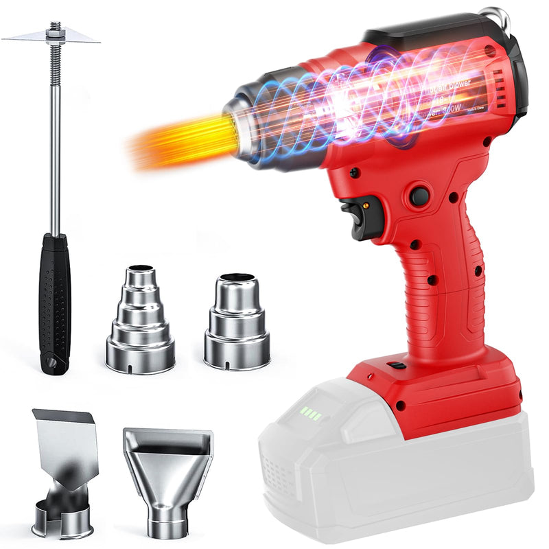 Cordless Heat Gun for Milwaukee 18V Battery, 350W 1022°F (550°C) Soldering Heat, Variable Temperature Control Hot Air Gun Kit with 4 Nozzles and Scraper, for Shrink Tubing, PVC Wrap(NO Battery) Red