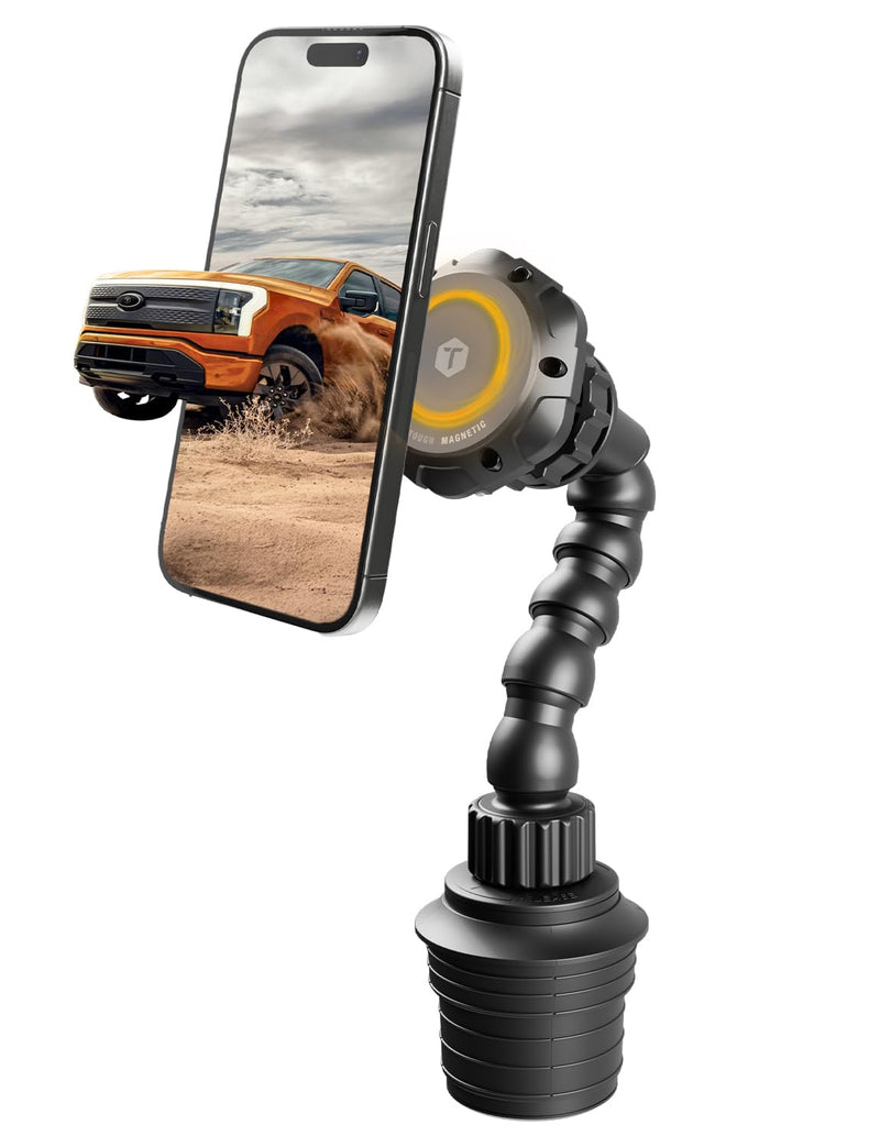 MagTough Python Cup Holder Phone Mount for Car, MagSafe, 360° | Magnetic car phone holder with a flexible arm and expandable base for iPhone and magnetic cases