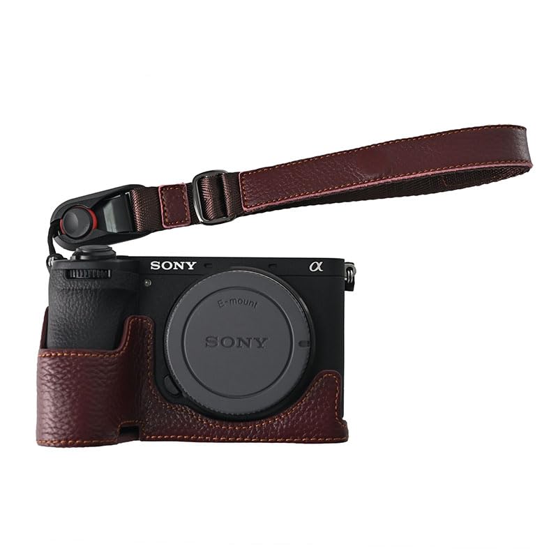 A6700 Case, BMAOLLONGB Handmade Litchi Genuine Real Leather Half Camera Case Bag Cover for Sony Alpha A6700 Bottom Opening Version + Hand Strap (Coffee) Coffee