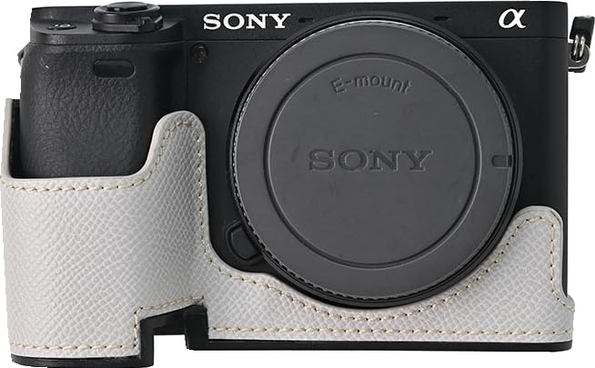 A6400 Case, BMAOLLONGB Handmade PU Leather Half Camera Case Bag Cover Bottom Opening Version for Sony Alpha A6400 with Hand Strap (White) White