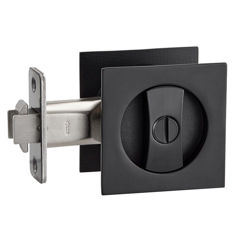 Matte Black Pocket Door Hardware with Privacy Lock & Latch - Contemporary Style for Square Pocket Doors(1 Pack, No Pull)