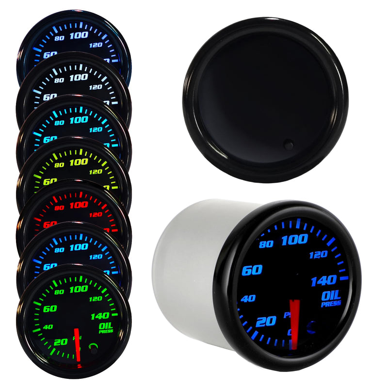 Tinted 7 Color Oil Pressure Gauge 140 PSI Kit 2"(52mm) Includes 1/8-27 NPT Electronic Sensor Wiring Multi Color Display White Housing Black Dial Smoked Lens for Car Truck