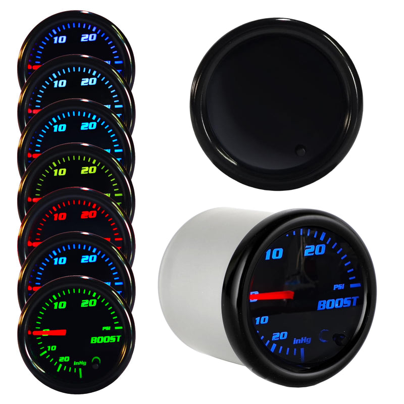 Tinted 7 Color Turbo Boost/Vacuum Gauge 30 PSI Kit 2"(52mm) Includes Mechanical Hose T-Fitting Wiring Multi Color Display White Housing Black Dial Smoked Lens for Car Truck