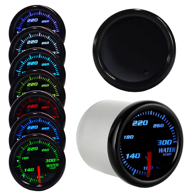 Tinted 7 Color Water Coolant Temperature Gauge 300℉ Kit 2"(52mm) Includes 1/8-27 NPT Electronic Sensor Wiring Multi Color Display Black Dial Smoked Lens White Housing for Car Truck