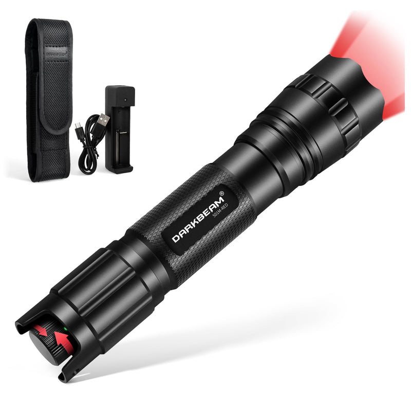 DARKBEAM Red Light LED Flashlight Tactical USB Rechargeable Stepless Dimming, Flood/Spot Portable Handheld Redlight for Night Hunting, Camping, Observation, Fishing, Astronomy, Rescue, Stargazin Pocket-size (501M)
