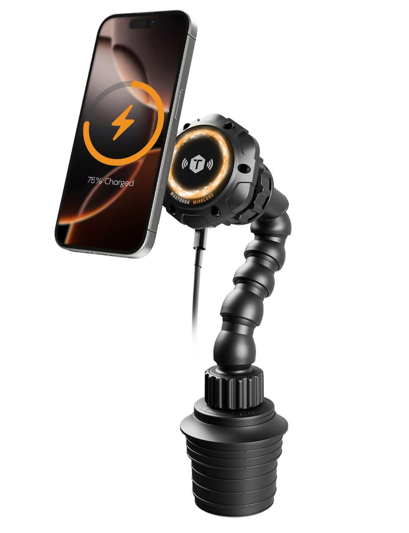 MagTough MagSafe Cup Holder Phone Mount, 15W Wireless Charging | 15W wireless charging cup holder phone mount with flexible Python arm for iPhones, Qi2 devices, and magnetic cases