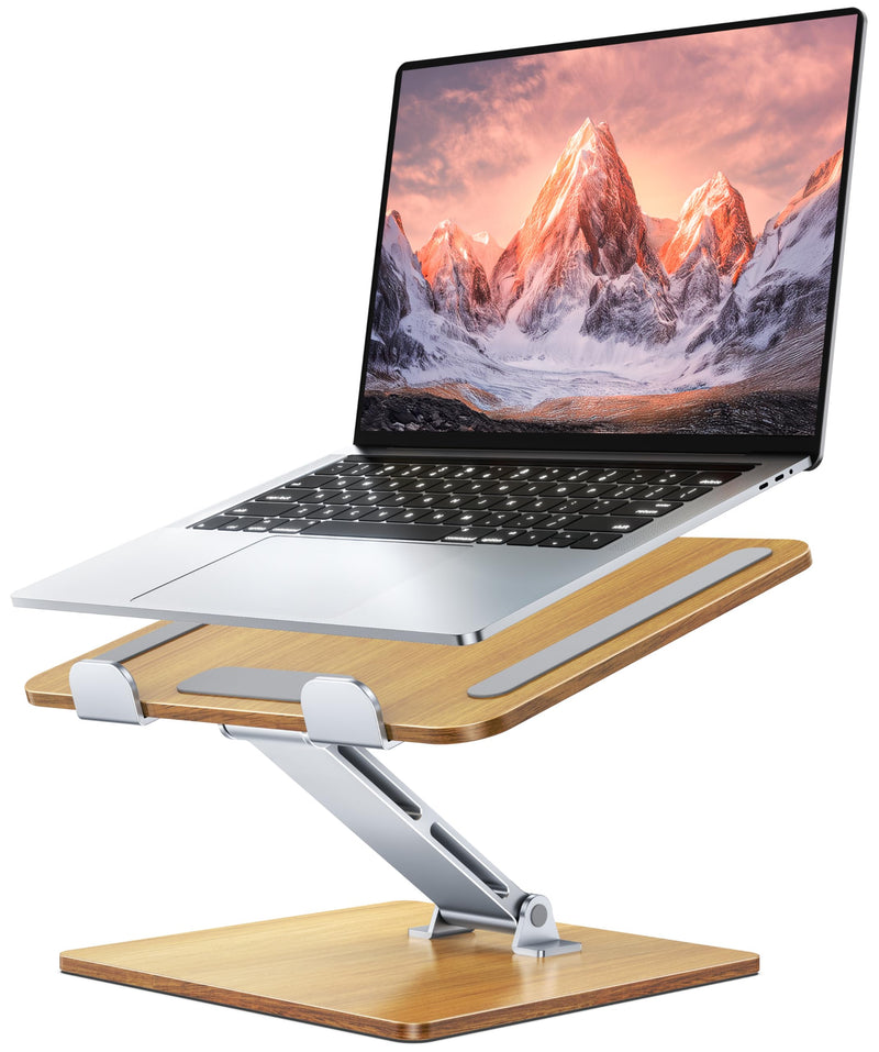 Wood + Aluminum Laptop Stand, Adjustable Height Ergonomic Laptop Riser Holder Mount, Portable Computer Notebook Stand for Desk, Compatible with MacBook Pro/Air, HP, Dell 10-16" (Walnut Grain)