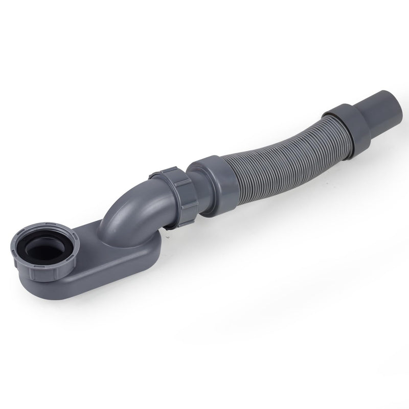 Flexible Freestanding Tub Drain Kit, Low Profile Flat P Trap for 1 1/2" Bathtub & Shower Drain Pipe, Easy Install, Fits Freestanding Bath Tubs, PVC Drain Hose Included One end gray thread