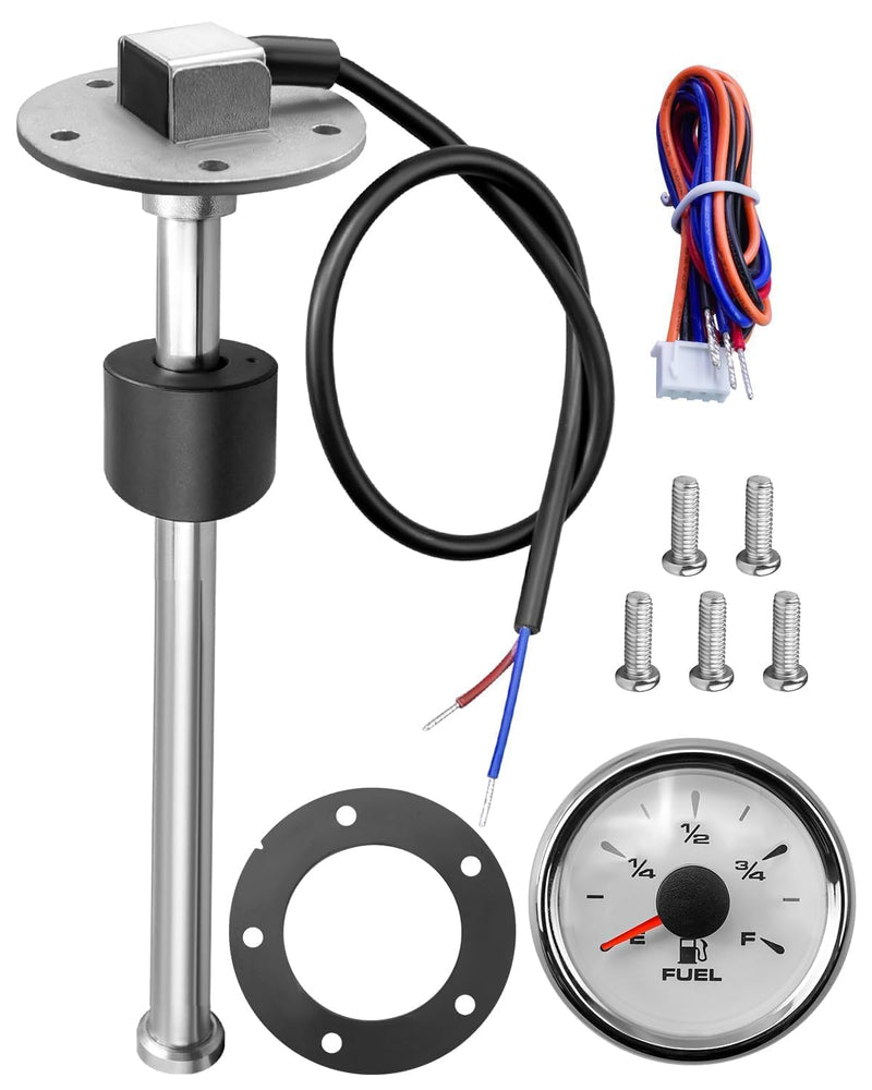 Boat Fuel Tank Sending Unit, 240-33ohms 8in (200mm) Fuel Water Level Sensor, 316 Stainless Steel Fuel Sending Unit and Gauge Kit for Boat Car Truck RV 8" sensor & gauge
